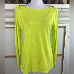 JCrew Painter T long sleeved bright citron boat neck, brass buttons on shoulders